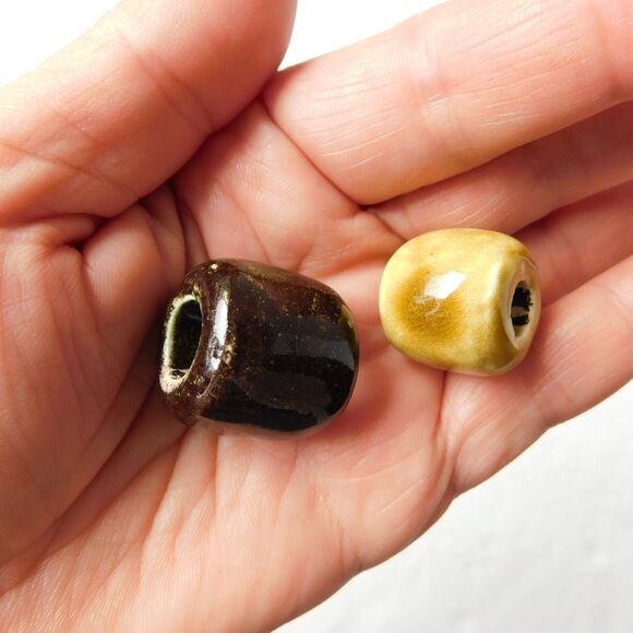 Vintage Macrame Beads Ceramic Handmade Lot fo 12 Rustic, Large Hole Glazed Clay - Picture 9 of 14